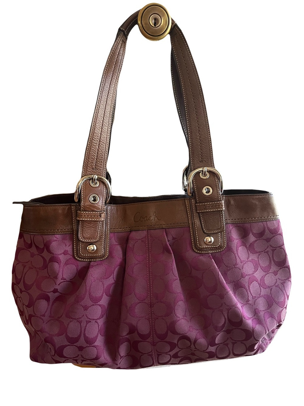 Coach Magenta Signature Jacquard Shoulder Bag with Brown Leather Trim